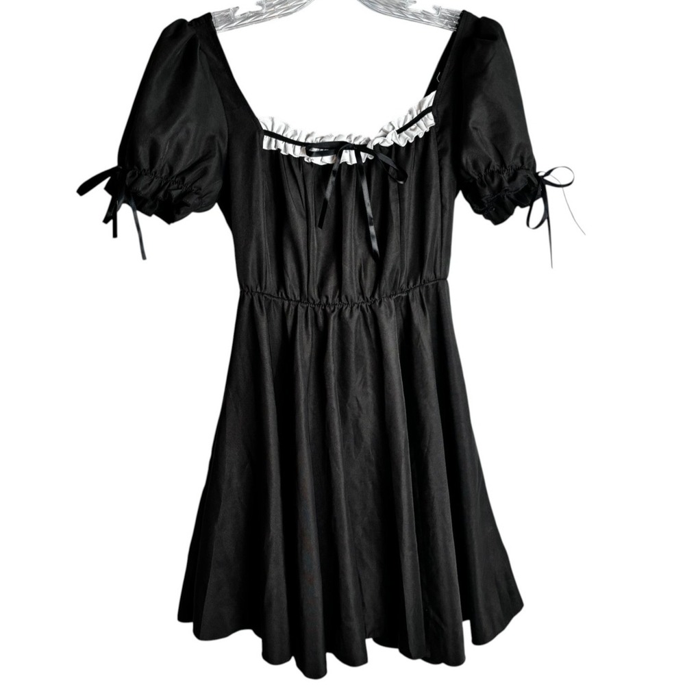Black Puff Sleeve Mini Dress Sz S Ruffle Tie Cottagecore Coquette Gothic Lolita - Picture 1 of 9